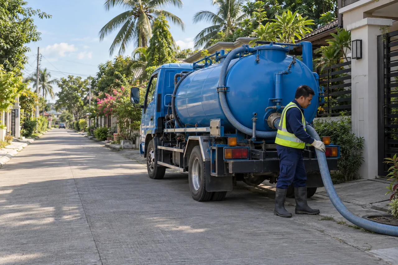 Illustrative vacuum truck and service worker in a Philippine neighborhood
