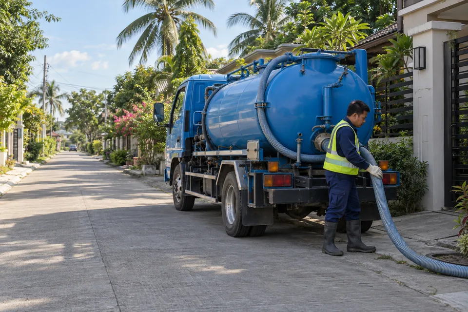 Illustrative septic service truck in a residential neighborhood