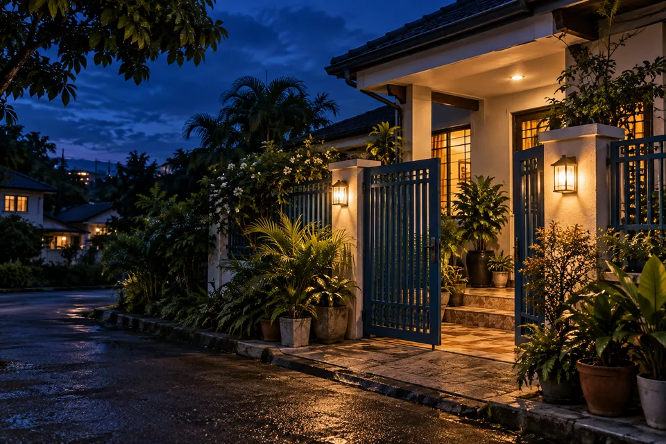 Illustrative home entrance with a warm porch light at dusk