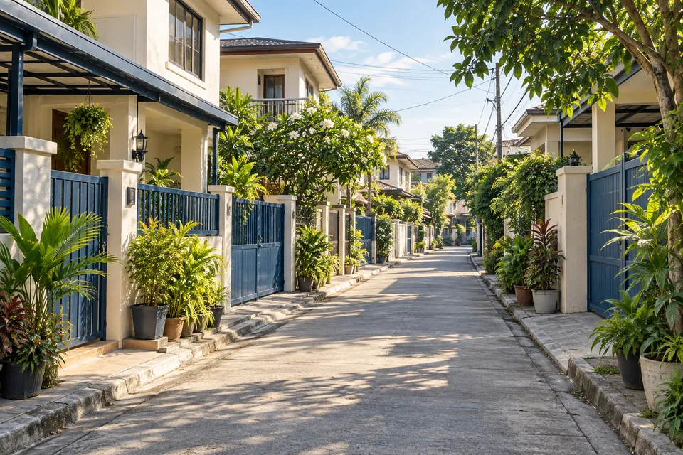 Illustrative residential street with tropical plants and modest homes in Luzon