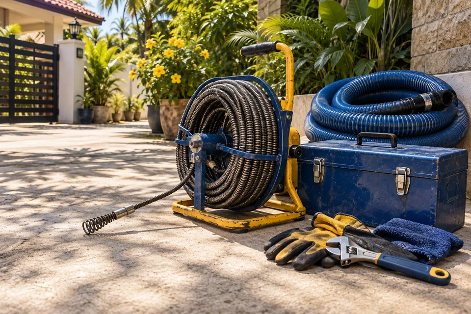 Illustrative drain-cleaning tools ready for a service job