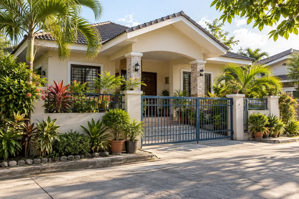 Illustrative tropical home with a shaded porch and blue gate