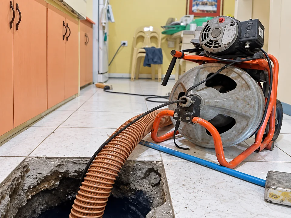 Drain-cleaning machine and hose beside an indoor floor opening